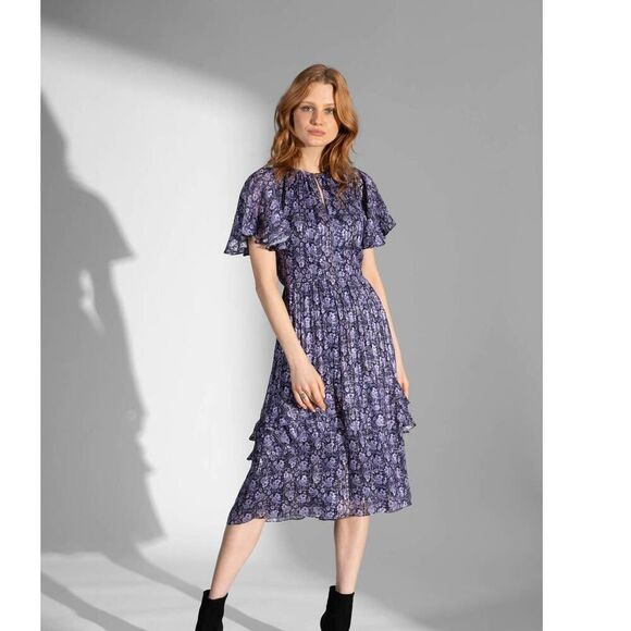 Shoshanna Short Sleeve Silk Willow Paisley Lurex Stripe Julisa Midi Dress size 8 - Picture 1 of 12